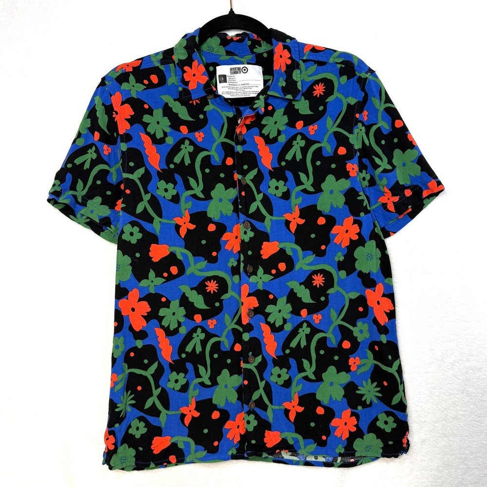 Target S Button Down Blue Floral Abstract Print Summer Festival Boho Funky Retro